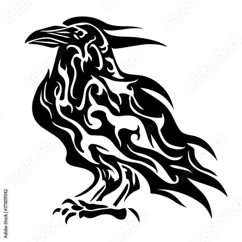 A striking black and white tribal raven illustration with intricate flowing patterns, high contrast,
