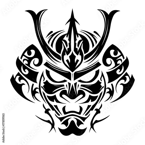 A detailed black and white vector illustration of a stylized samurai mask with intricate lines and swirling tribal patte