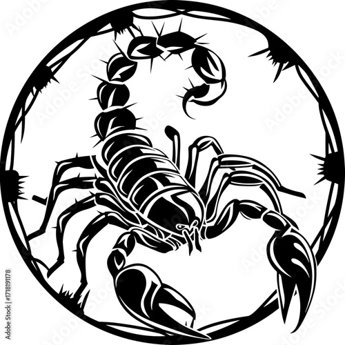 A striking scorpion tattoo design enclosed within a barbed wire circular border, illustrated with bold black lines,