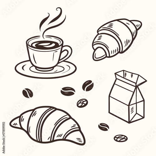 Coffee cup, croissants and coffee beans illustration