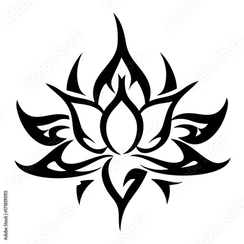 A black and white tattoo design showcases stylized flames forming a symmetrical lotus pattern with bold lines and minima