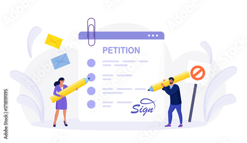 Petition form. People signing and spreading petition or complaint. Online balloting, making choice. Paper, democracy. Collective public appeal document addressed to a government.