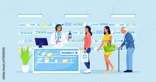 Doctor pharmacist consulting patient in pharmacy store. Customers standing in queue, shelves with medicines on background. People buying medication in pharmacy. Pharmaceutical Industry