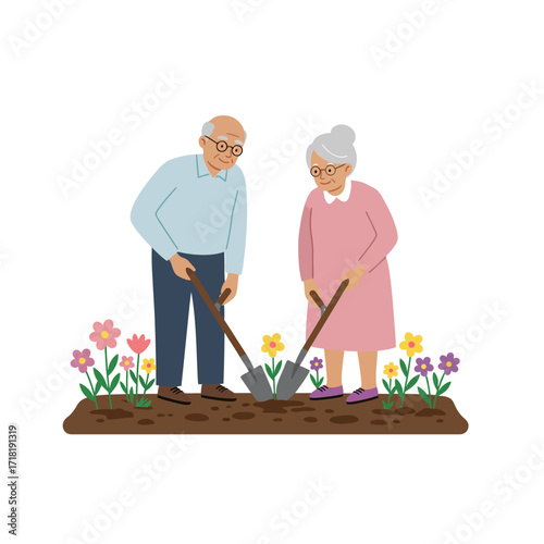 Elderly Couple Gardening Together.