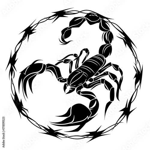 A bold high contrast line art illustration of a scorpion with intricate Gothic style details, sharp pincers,