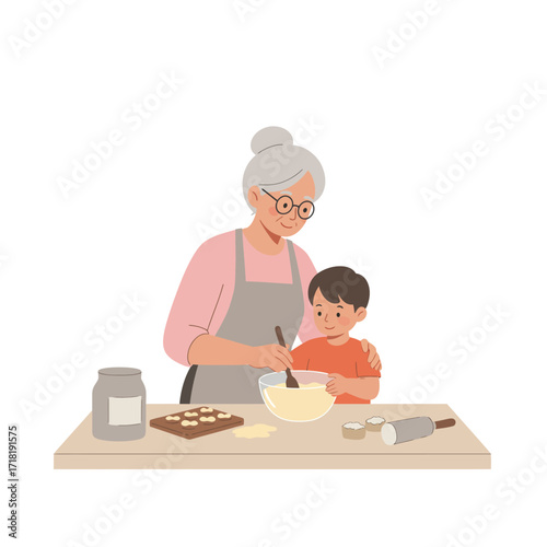 Grandmother and Grandson Baking Cookies Together.
