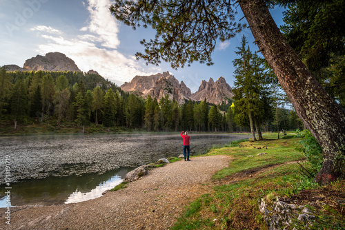 aerial view of Lake Antorno, Dolomites, Italy