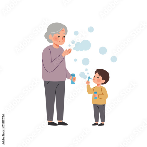 Grandmother and Grandchild Playing with Bubbles.
