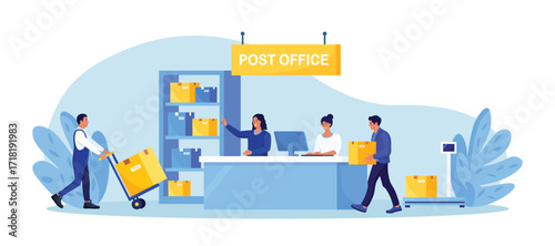 Post delivery office with reception desk. Postman giving parcels to customer in post department. Postal worker, courier carrying boxes, pushing hand cart. Parcel shipping, correspondence delivery