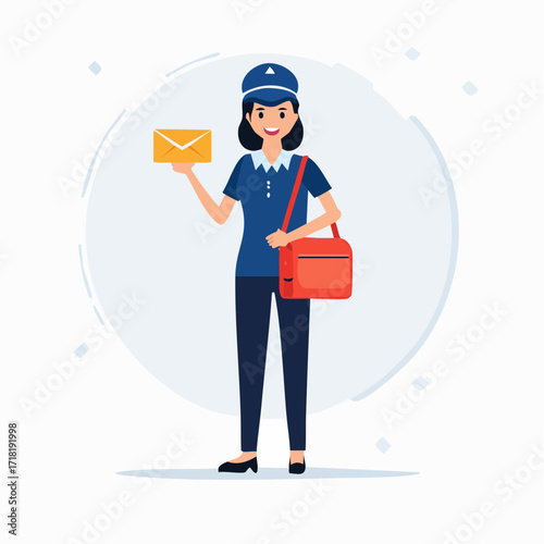 Smiling female mail carrier in blue uniform holding an envelope with a red shoulder bag on a light background.