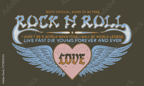 Eagle wing with heart.  Rock star design. Eagle fly vector artwork for t shirt and others. Rock and roll graphic print design for apparel, stickers, posters and background.