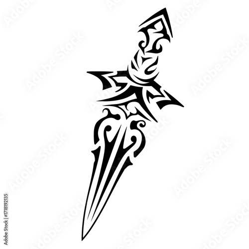 A bold tribal shield tattoo design featuring an intricate sword autograph in black and white vector illustration with hi