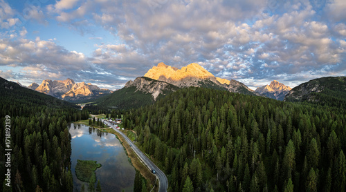 aerial view of Lake Antorno, Dolomites, Italy