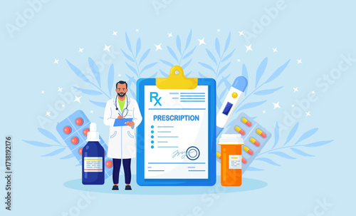 Rx medical prescription form for medicines, pills bottle, blisters with capsules. Pharmacist hold clipboard for filing receipt, recipe to patient. Pharmacology, pharmaceutical industry