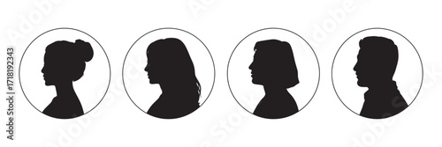 Set of anonymous user profile icons with male and female head silhouettes. Simple black graphic avatars for web design. 