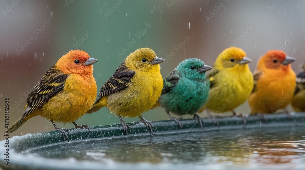 Fototapeta premium Colorful small songbirds perched on a rim