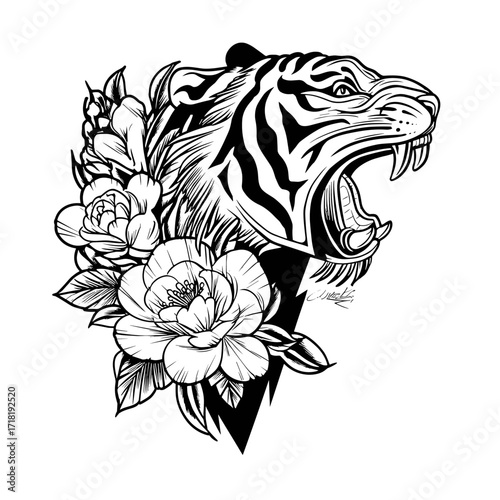 A bold black and white tattoo design featuring a fierce tiger and intricate floral elements,