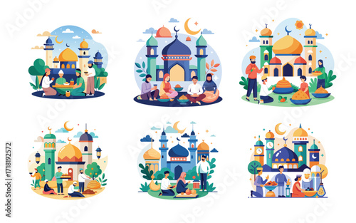 Muslim community celebrating Eid near mosques sharing food and joy