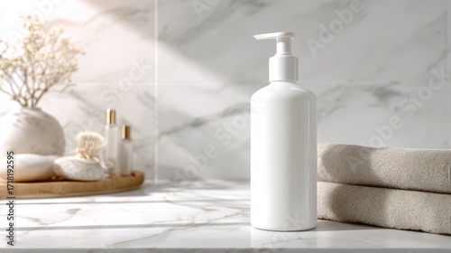 Blank white bottle template on marble bathroom counter