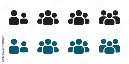 A collection of user group icons in black and blue, representing concepts of team, community, and social networks. Simple flat vector symbols for web and UI design