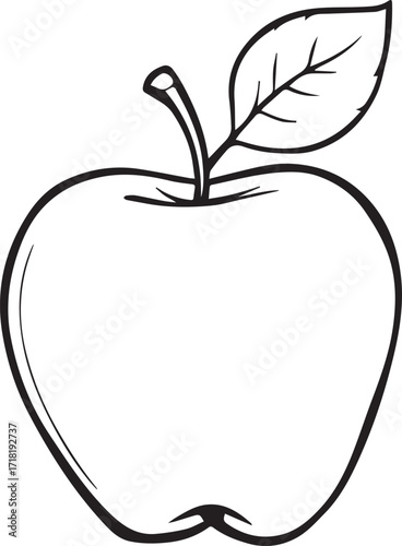 Apple Illustration: A simple line art of a crisp, ripe apple, featuring a delicate leaf and stem, evokes a sense of natural freshness and healthy eating.