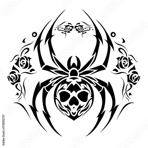 A black and white Armenian tattoo design featuring a skull face surrounded by roses,