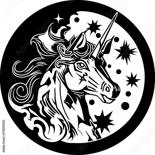 A mystical unicorn with intricate star patterns and flowing mane stands boldly in a high contrast black and white vector