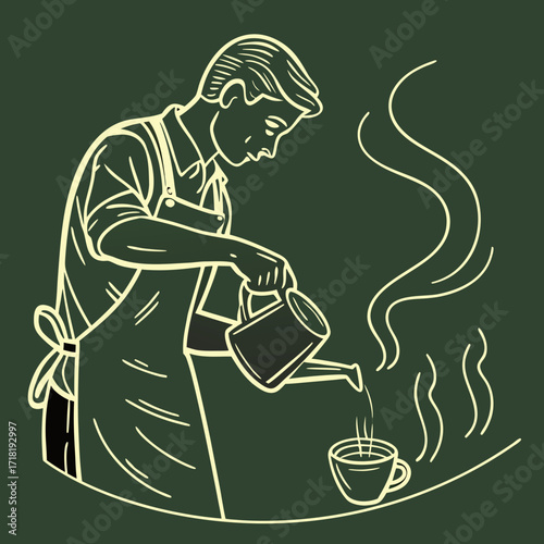 A barista is pouring coffee into a cup with steam coming from the mug