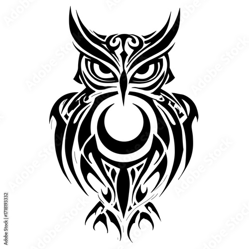 A black and white vector illustration of an owl in tribal style, featuring symmetrical patterns, bold lines,