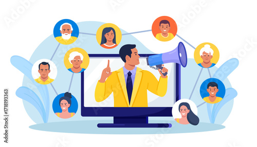 Refer a friend. Social media marketing, referral program. People share information with affiliate referrals and making money. Man tell his friends about action and all benefited