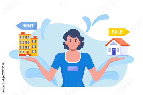 Woman choosing between rent and sell property. Rent apartment, buying house. Mortgage loan, real estate investment. Choice between selling and tenancy home. Home purchase dealing