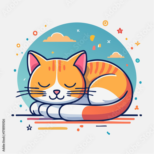 Cute orange and white striped cat sleeping peacefully in a cartoon style illustration with a serene background of clouds and stars.
