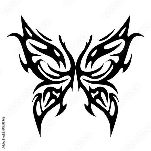 Tribal butterfly wings tattoo design featuring bold black and white symmetrical patterns with minimal shading,