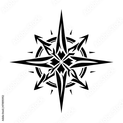 A black and white compass-like stencil design with symmetrical angular patterns and pointed elements radiating outward i
