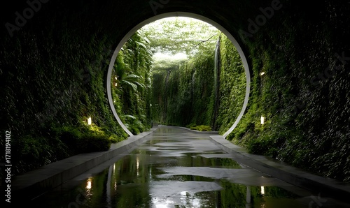 Circular opening revealing a lush green pathway with reflections on the wet surface below it all