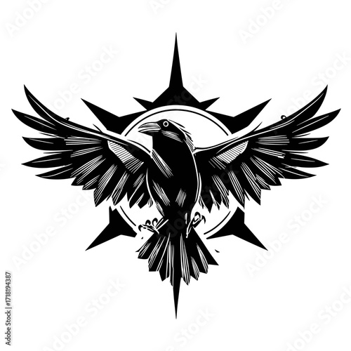 A highly stylized black and white illustration of a raven with wings spread wide,