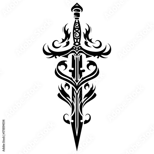 A striking black and white illustration of a highly adorned sword with rich ornamental details,