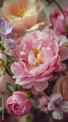 Wallpaper Mural Dew-Kissed Peony and Sweet Pea Bouquet - Soft Pastel Floral Close-Up. Torontodigital.ca