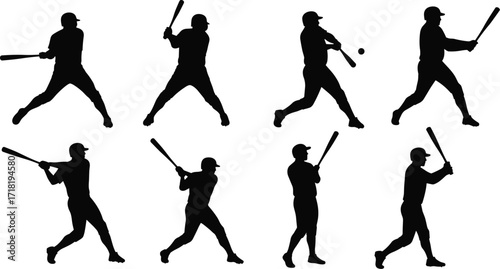 Baseball batter silhouette collection on a white background, featuring various swings and postures, ideal for sports and athletic themes.