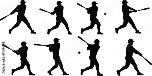 Baseball batter silhouette collection on a white background, featuring various swings and postures, ideal for sports and athletic themes.