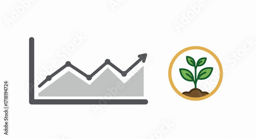 Graph showing growth and a seedling in a circle representing progress and development