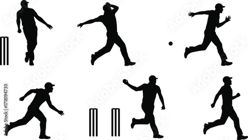 Cricket bowler and batsman silhouette collection, showcasing various action poses on a white background, perfect for sports themes.