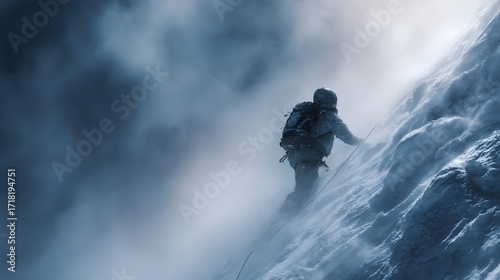 Lone climber ascends a treacherous snow covered mountain slope amid harsh winter winds and fog