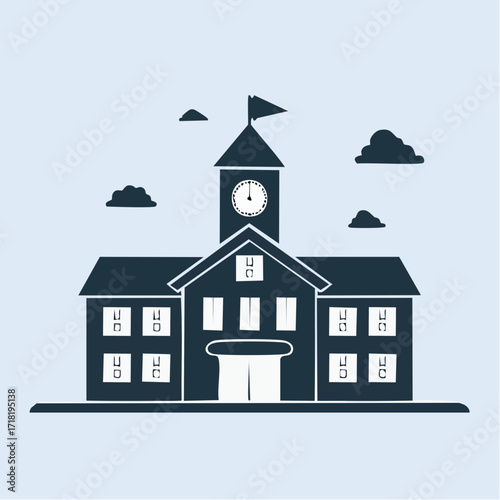 Stylized illustration of a school or university building with a prominent clock tower and flag under a cloudy sky, in a monochromatic blue palette.