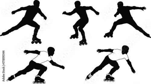 Male rollerblading silhouette collection on a white background, featuring dynamic poses and angles, perfect for athletic and active themes.
