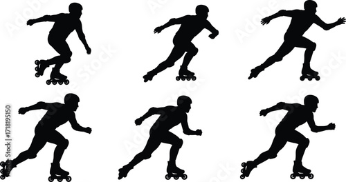 Male rollerblading silhouette collection on a white background, featuring dynamic poses and angles, perfect for athletic and active themes.