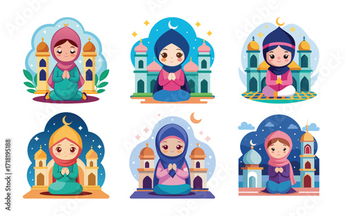 Muslim girls praying near mosques adorable illustrations