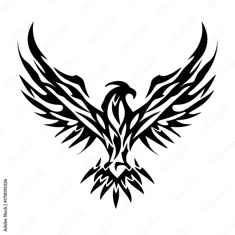 Fototapeta premium A bold black and white tribal eagle tattoo design featuring intricate line art, high contrast, and minimal shading,