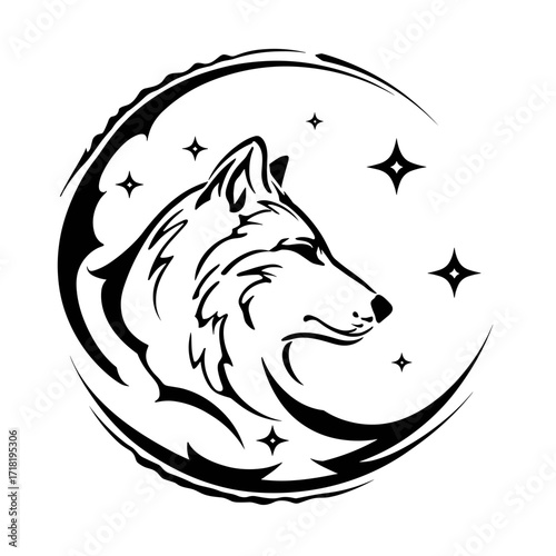 A stylized black and white drawing of a wolf's head with intricate fur detailing, gazing forward in profile,