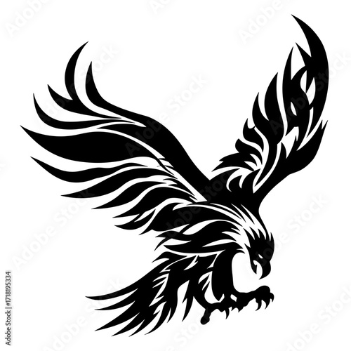 A majestic eagle soaring with bold tribal lines, minimalist design featuring high contrast black and white wings,